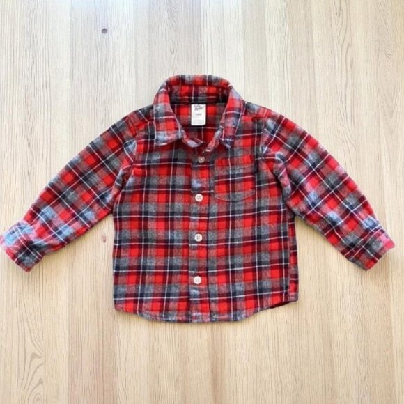 Oshkosh Flannel Red Gray Plaid Button-Down Shirt 18 Months - Picture 2 of 8